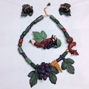 Vintage Vineyard Fox Artisan Clay Jewelry Suite Necklace Earrings Brooch Signed